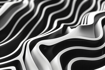 Poster - Abstract background with black and white waves, wavy shapes, patterned wall decoration. Background for design, cover presentation, 3D rendering illustration.


