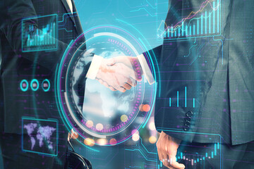Poster - Two businessmen shaking hands with futuristic digital overlays including graphs and a world map on blue background, concept of technology in business