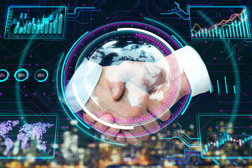Poster - Two hands in a handshake overlaid with futuristic digital graphics, on a dark electronic circuit board background, concept of digital partnership