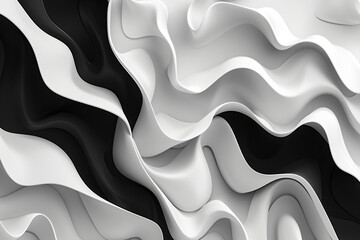 Sticker - Abstract background with black and white waves, wavy shapes, patterned wall decoration. Background for design, cover presentation, 3D rendering illustration.


