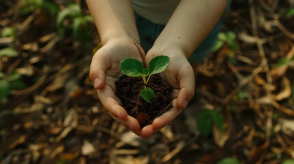 hand children holding young plant. concept eco earth day