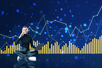 Poster - A woman using a laptop and phone in front of a digital background with glowing graphs representing growth and analysis