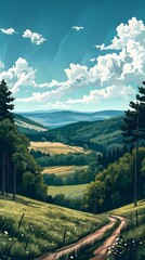 Wall Mural - Countryside landscape with hills and trees