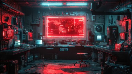 Wall Mural - A computer lab with a red screen that says 