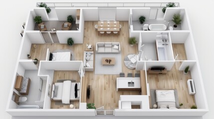 Top-down view of a modern 3 bedroom apartment floor plan with hardwood floors.