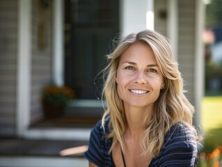 Poster - A woman with blonde hair and a blue shirt is smiling