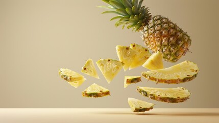 Wall Mural - A pineapple is sliced and floating in the air