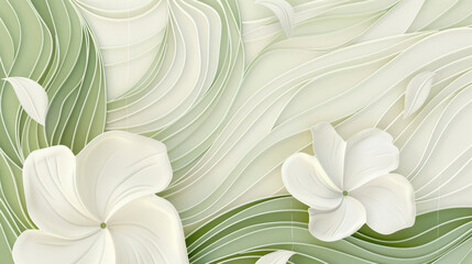 a floral texture background, smooth and fine lines, in white and green, minimalist, flat illustration, summer wallpaper