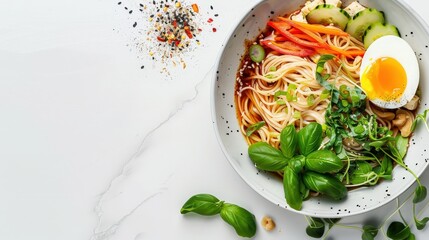 Poster - A bowl of noodles with vegetables and an egg on top