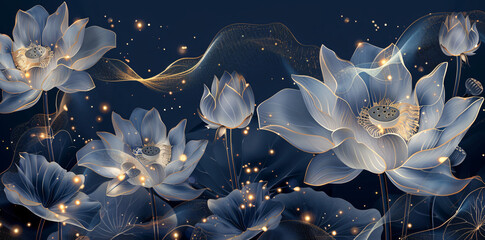 Poster - 3D wallpaper, lotus flowers and leaves in gold line art on a dark blue background, luxury design for a wall mural in the style of Chinese water lilies with transparent petals,