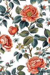 Wall Mural - A floral patterned wallpaper with red flowers and green leaves