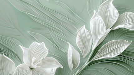 a floral texture background, smooth and fine lines, in white and green, minimalist, flat illustration, summer wallpaper