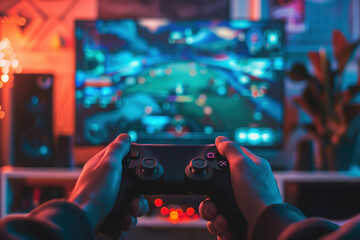 Close-up of hands holding a game controller, playing a video game on a screen, with a colorful, neon-lit gaming setup.