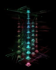 Poster - abstract digital art of colorful neon light structures on black background symbolizing futuristic da
