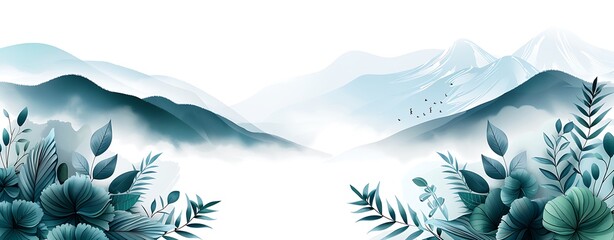 Wall Mural - A serene landscape featuring soft mountains and lush foliage in calming shades of green and blue, evoking tranquility and nature's beauty.