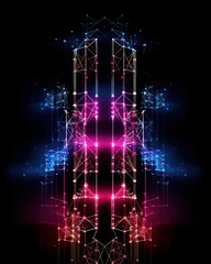 Aufkleber - Vibrant abstract digital art with interconnected glowing lines in pink and blue hues on a black background.