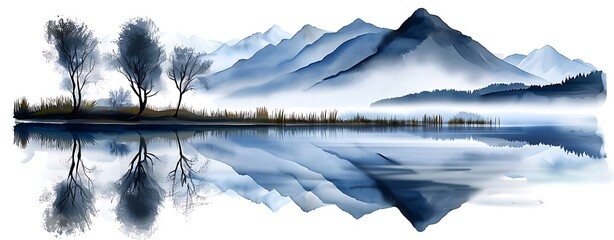 Wall Mural - Design a basic watercolor scene of a tranquil lake with reflections of trees and mountains, emphasizing calm and serenity. copy space for text, focus cover all aspects, deep depth of field, no dust