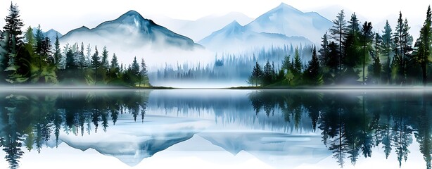 Wall Mural - Design a basic watercolor scene of a tranquil lake with reflections of trees and mountains, emphasizing calm and serenity. copy space for text, focus cover all aspects, deep depth of field, no dust
