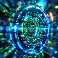 Leinwandbilder - Futuristic technology background with neon lights and virtual elements, resembling a digital interface or a sci-fi data vortex.