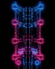 Aufkleber - Futuristic digital neon structure in blue and pink hues, abstract cyber design on black background.