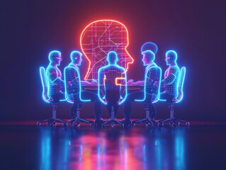 Fototapete - Futuristic business meeting with neon silhouettes of people around a roundtable, illuminated by an AI head hologram, emphasizing technology.