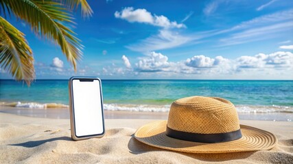 summer beach background with hat, water and smartphone, isolated blank white display