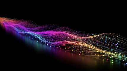Fototapete - Colorful streaks of light trails creating a vibrant wave pattern against a dark background, illustrating concepts of technology and energy.