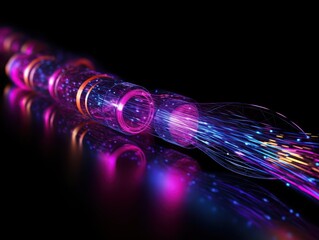 Aufkleber - Close-up of futuristic glowing fiber optics with vibrant colors, representing high-speed internet and modern telecommunication technology.