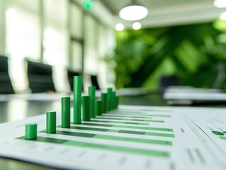 Poster - Close-up of a green bar chart on a desk in a modern office, illustrating business data and financial analysis.