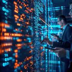 Fototapete - Business professionals analyzing complex data on multiple screens in a high-tech environment, symbolizing modern technology and data analysis.