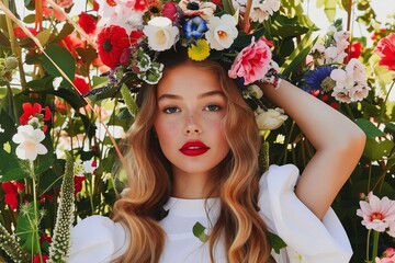 A beautiful woman wearing a flower crown.