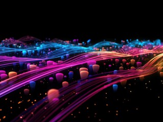 Poster - Abstract neon light waves with glowing particles on a black background, creating a futuristic and vibrant visual effect.