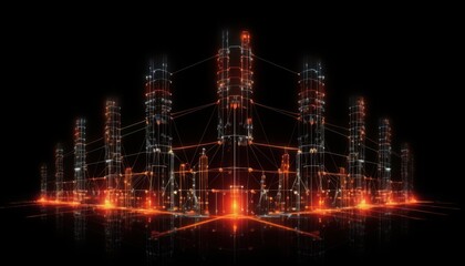 Poster - Abstract futuristic cityscape with glowing lights and interconnected structures on a black background, representing network and technology.
