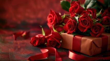 Wall Mural - Romantic Red Roses and Gift Box