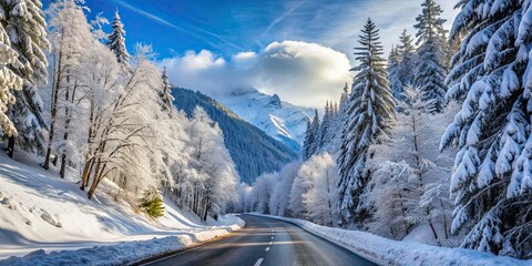 Sticker - Winter road with snow-covered trees in Alps mountains France beautiful winter landscape, snow, road, trees, Alps, mountains, France