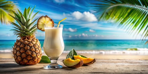 Wall Mural - Tropical cocktail with coconut milk, pineapple juice, and rum on a beach background , Pina Colada, cocktail, tropical, drink