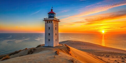 Poster - Rubjerg Lighthouse set against a picturesque sunset backdrop, Rubjerg Lighthouse, sunset, sky, clouds, orange