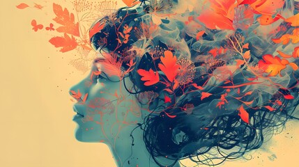 Wall Mural - Colorful artistic portrait of a woman with leaves and flowers in her hair