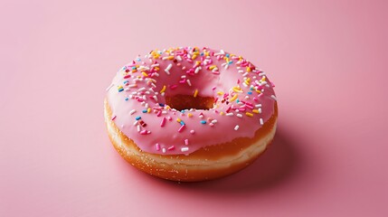 A pink frosted donut with sprinkles on a pink background.