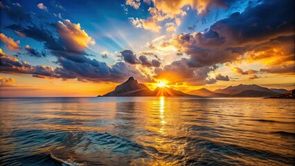 Sticker - Sunset over the sea with a beautiful mountain view, sunset, sea, ocean, mountain, scenic, landscape, coast, tranquil