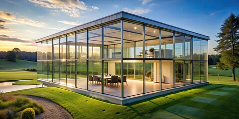 Wall Mural - Modern glass house overlooking a lush green golf course, luxury, contemporary, architecture, design,stylish, nature