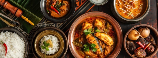 Wall Mural - A table full of food with a variety of dishes including rice, curry, and meat generated by AI