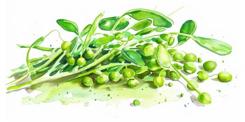 Canvas Print - Hand-drawn Watercolor Illustration of Fresh, Organic Mung Beans Sprouting in a Pile