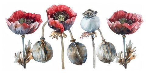 Canvas Print - Hand-drawn Watercolor Illustration of Poppy Seeds and Dry Poppy Heads on White Background