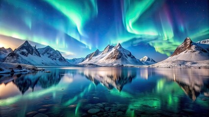 Poster - Snow covered mountains with magical northern lights reflecting off the water, snow, mountains, arctic, north, rocky, aurora