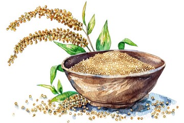 Canvas Print - Watercolor illustration of Organic Quinoa Seeds in a Bowl with Quinoa Plant on White Background. Healthy Vegan Ingredient.