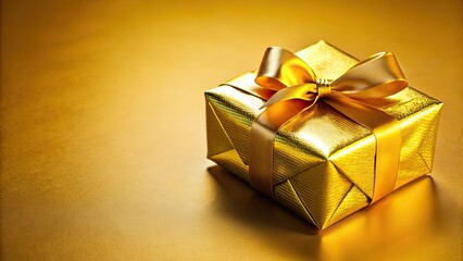 Poster - Shiny gold gift box wrapped in yellow paper, gold, gift box, shiny, yellow, wrapping paper, present, luxury, surprise, celebration