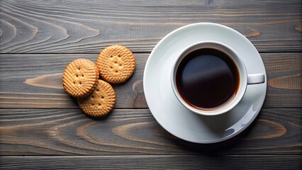 Wall Mural - Overhead view of a cup of black coffee with a plate of biscuits, coffee, cup, black, plate, biscuits, breakfast, morning