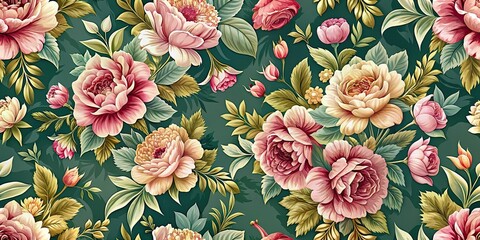 Poster - Seamless pattern with elegant flowers and leaves, perfect for wallpaper or fabric design, floral, delicate, background