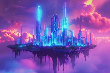 Canvas Print - Sprawling cityscape on a floating island in the metaverse, impossible architecture bathed in neon light.